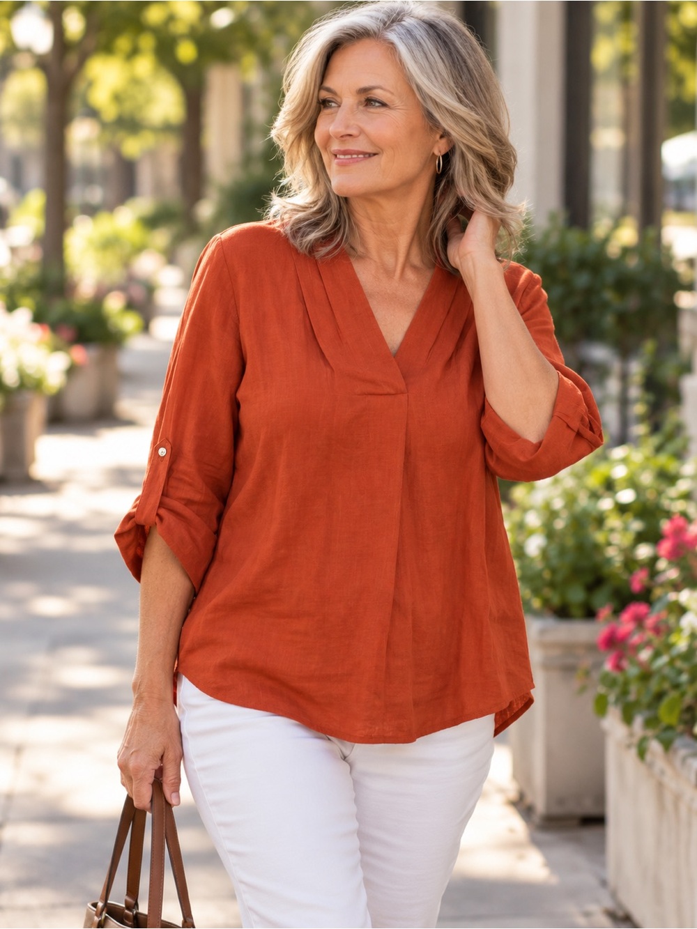 Calvin Klein Women's V-Neck Roll-Tab Tunic - Rust linen blend